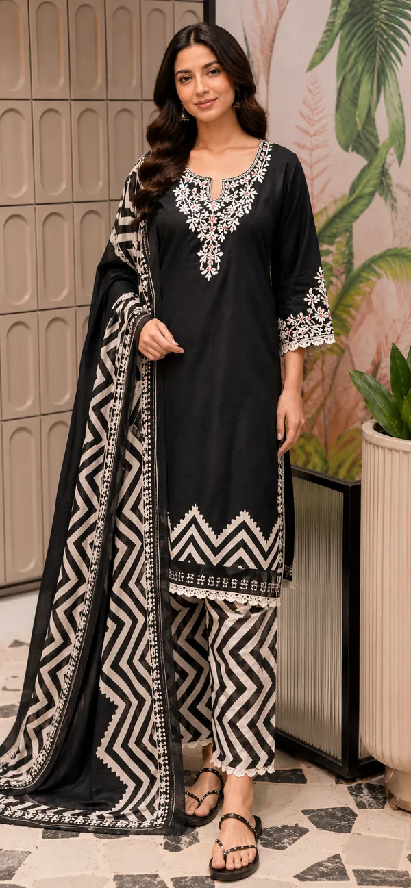 Fine_Floral_Embroidery_Yoke_With_Striped_Accent_Cotton_Full_Suit_Set_With_Dupatta