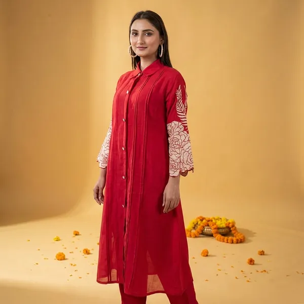Red_Muslin_Kurta_Pant_For_Women