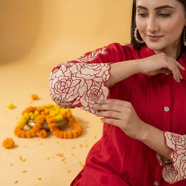 Red_Muslin_Kurta_Pant_For_Women