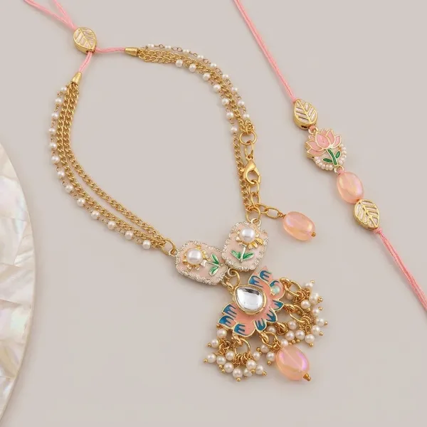 Premium_Handmade_Pearl_Lumba_Rakhi_Designer_Floral_Charm_Rakhi_with_Golden_Chain_Pink_Beads_for_Bhai_Bhabhi_Raksha_Bandhan_Gift