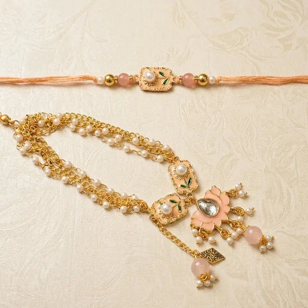 Premium_Bhai_Bhabhi_Rakhi_Set_|_Peach_Floral_Lumba_with_Pearl_Chain_&_Kundan_Design
