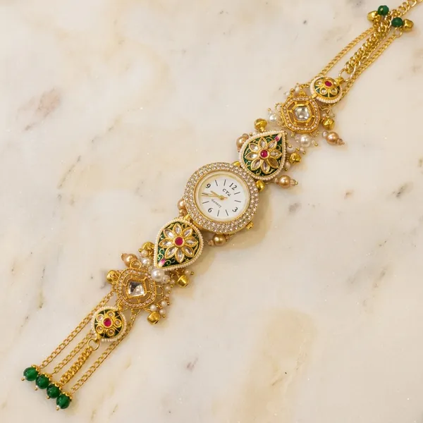 Elegant_Gold-Tone_Watch_Lumba_with_Kundan_Floral_Design_Handmade_Raksha_Bandhan_Lumba_Collection