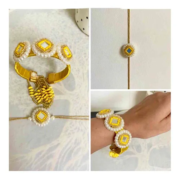 Kada_style_couple_rakhi_on_yellow_colour_with_beads_and_real_mirror_work