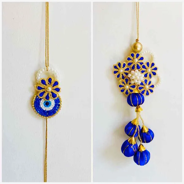 Elegant_Flower_Butta_Couple_Rakhi_in__Blue_Colour_with_Hanging