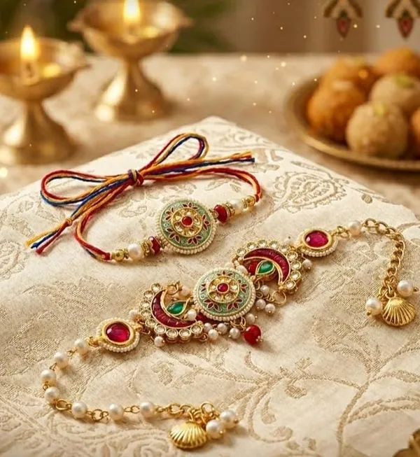 Premium_Bhai_Bhabhi_Rakhi_Set_|_Traditional_Meenakari_Pearl_Lumba_with_Shell_Charms
