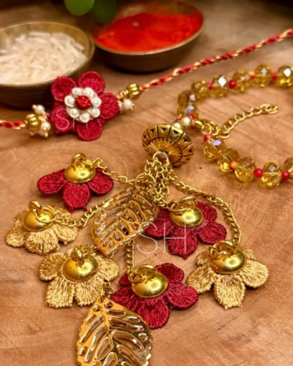Premium_Handmade_Bhai_Bhabhi_Couple_Rakhi_Set_Red_Floral_Designer_Lumba_Rakhi_with_Golden_Leaf_Charms_Beaded_Tassels_for_Raksha_Bandhan_Gift
