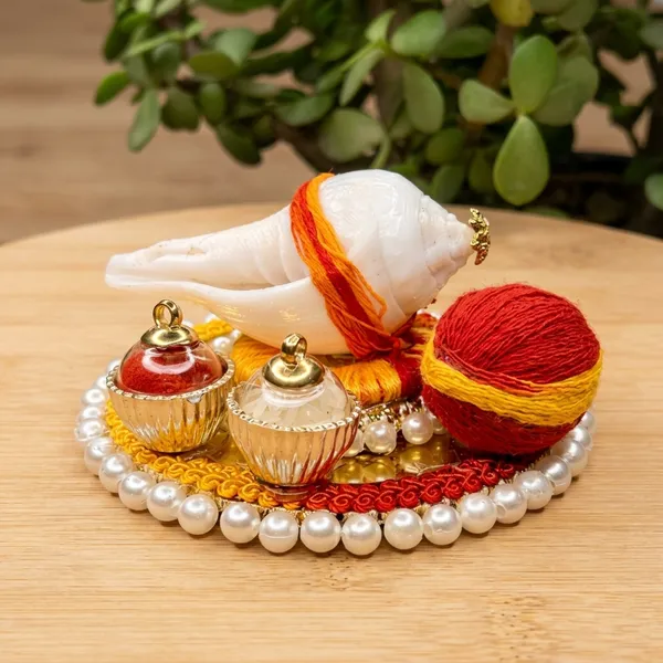 Handmade_Decorative_Roli_Chawal_Platter,_Festive_Rakhi_Puja_Thali_with_Shankh,_Pearl_Bordered_Tilak_Plate,_Kalawa_Thread_Set