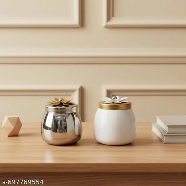White_&_Silver_Premium_Metal_Decorative_Storage_Jar_For_Home_&_Kitchen_(Pack_Of_2)