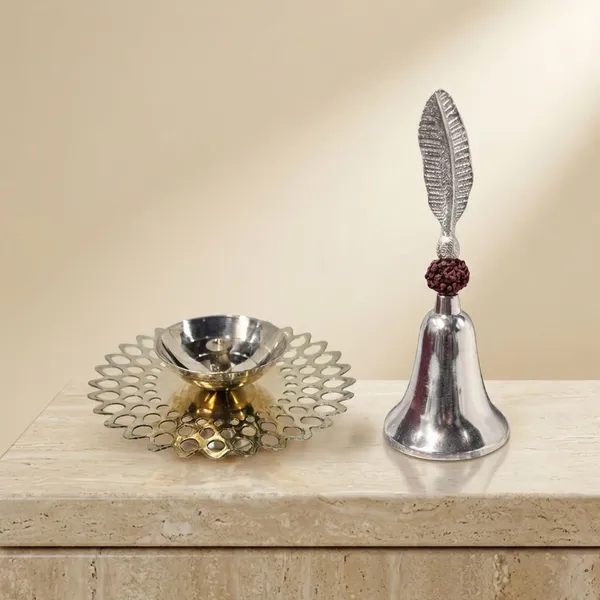Silver_Finish_Premium_Aluminium_With_Rudraksha_Puja_Bell_&_Oil_Diya_For_Home_&_Decor_(Pack_Of_2)