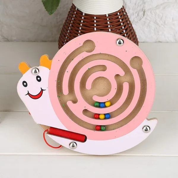Multicolour_Magnetic_Pen_Driving_Bead_Maze_Wooden_Jigsaws_Puzzle_Board_Game_Educational_Toy_Snail