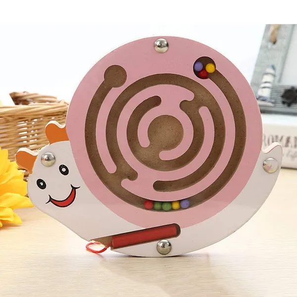 Multicolour_Magnetic_Pen_Driving_Bead_Maze_Wooden_Jigsaws_Puzzle_Board_Game_Educational_Toy_Snail