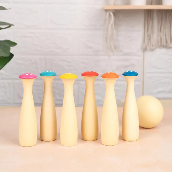 Multicolour_Wooden_Mushroom_Bowling_Set_Of_6_Pins_1_Ball,_Ages_1s_Nature_/_Whimsical,_Manual_Operation,_No_Batteries_Required