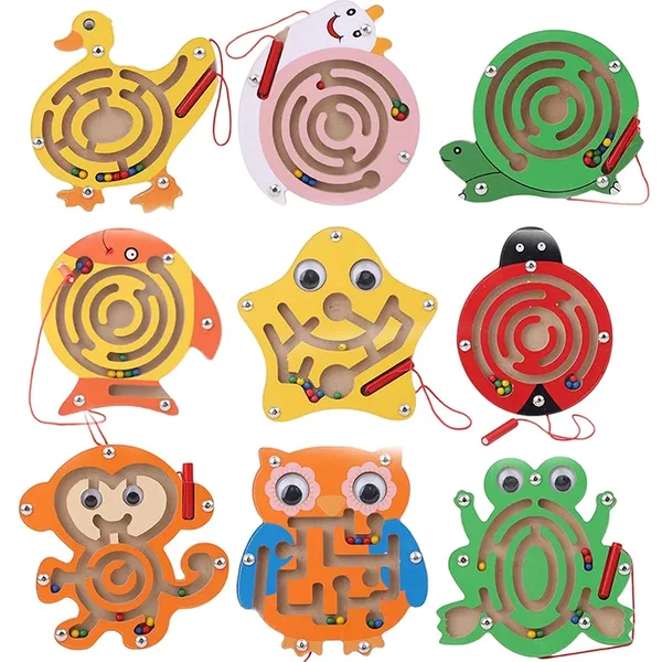 Multicolour_Magnetic_Pen_Driving_Bead_Maze_Wooden_Labyrinth_Puzzle_Board_Game_Toy_Fish