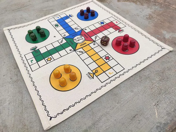 Multicolour_Ludo_/_Pachisi_Board_Game_Hand_Crafted_Cloth_Board_With_Wooden_Pawns_And_Dice