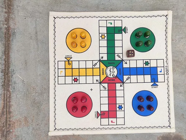 Multicolour_Ludo_/_Pachisi_Board_Game_Hand_Crafted_Cloth_Board_With_Wooden_Pawns_And_Dice