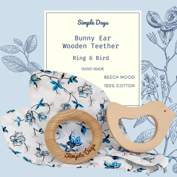 Brown_Bunny_Ear_Baby_Teether_Wooden_Ring_&_Bird_Set_Of_2_0s_Years