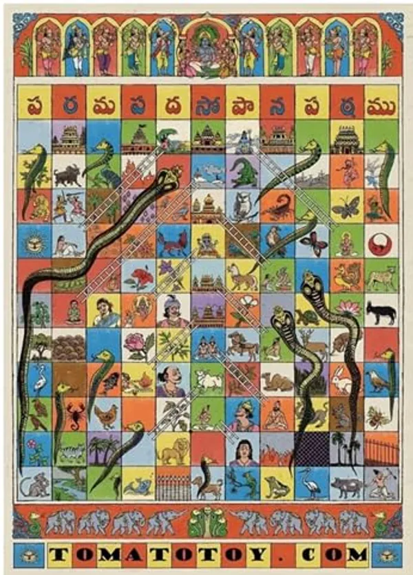 Multicolour_Snakes_And_Ladders_Traditional_Version_|_Yikuntapalli_|_Paramapadam_|_Moksha_Pata|_Haavu_Eni_Aata_|_Gyan_Chaupar_|_Indian_Classic_Board_Game_Crafted_In_Fabric_English