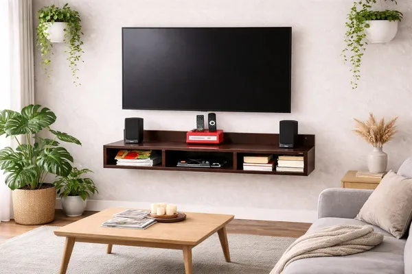 Dark_Brown_Finish_Wall_Mounted_Tv_Unit_Shelf_With_Storage_Compartments
