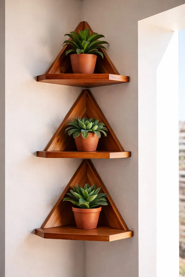 Craftsaura__Natural_Brown_Wooden_Triangle_Corner_Wall_Shelves_With_Terracotta_Planters_|_Set_Of_3