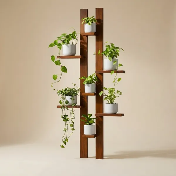 Natural_Brown_Wall_Mounted_Vertical_Plant_Stand_With_8_White_Planters_|_Wooden_Garden_Display_Shelf
