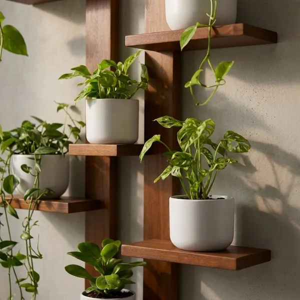 Natural_Brown_Wall_Mounted_Vertical_Plant_Stand_With_8_White_Planters_|_Wooden_Garden_Display_Shelf