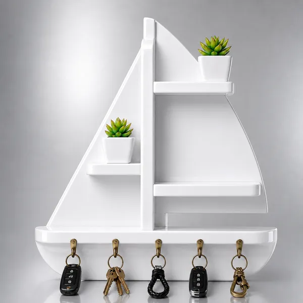 Craftsaura__Wooden_Sailboat_Key_Holder_with_Display_Shelves_|_Wall_Mounted_Key_Stand_Organizer_for_Home_Entrance,_Living_Room_&_Office_|_5_Hooks_|_Dark_Walnut_Finish