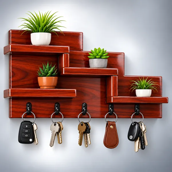 YashCrafts_Premium_Handmade_Wooden_Key_Holder_with_5_Hooks_&_Decorative_Shelves_|_Glossy_Wall_Mounted_Key_Organizer