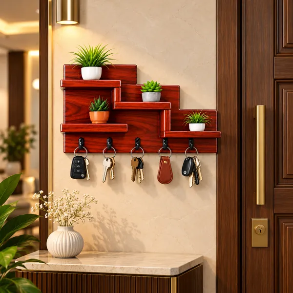 YashCrafts_Premium_Handmade_Wooden_Key_Holder_with_5_Hooks_&_Decorative_Shelves_|_Glossy_Wall_Mounted_Key_Organizer