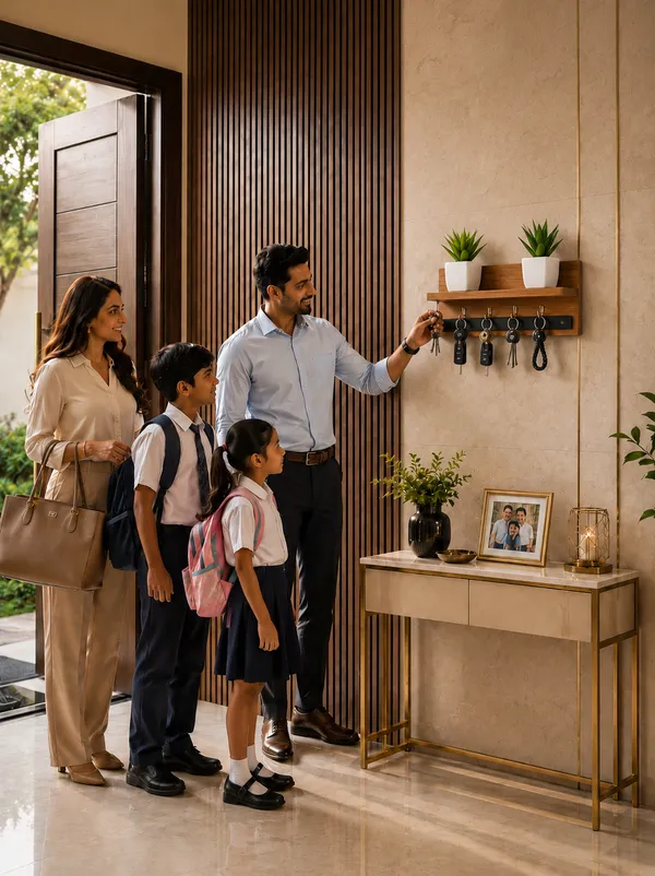 Craftsaura___Wooden_Wall_Mounted_Key_Holder_with_Shelf_&_Dual_Planter_Stand_|_6_Stainless_Steel_Hooks_|_Decorative_Entryway_Key_Organizer_for_Home,_Living_Room_&_Office_|_Dark_Brown_Glossy_Finish