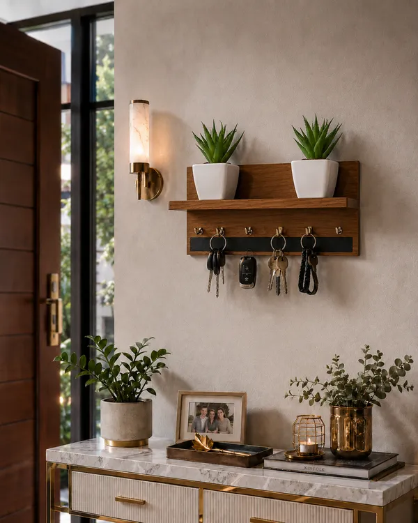 Craftsaura___Wooden_Wall_Mounted_Key_Holder_with_Shelf_&_Dual_Planter_Stand_|_6_Stainless_Steel_Hooks_|_Decorative_Entryway_Key_Organizer_for_Home,_Living_Room_&_Office_|_Dark_Brown_Glossy_Finish