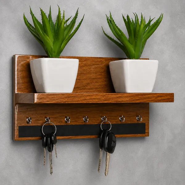 Craftsaura___Wooden_Wall_Mounted_Key_Holder_with_Shelf_&_Dual_Planter_Stand_|_6_Stainless_Steel_Hooks_|_Decorative_Entryway_Key_Organizer_for_Home,_Living_Room_&_Office_|_Dark_Brown_Glossy_Finish