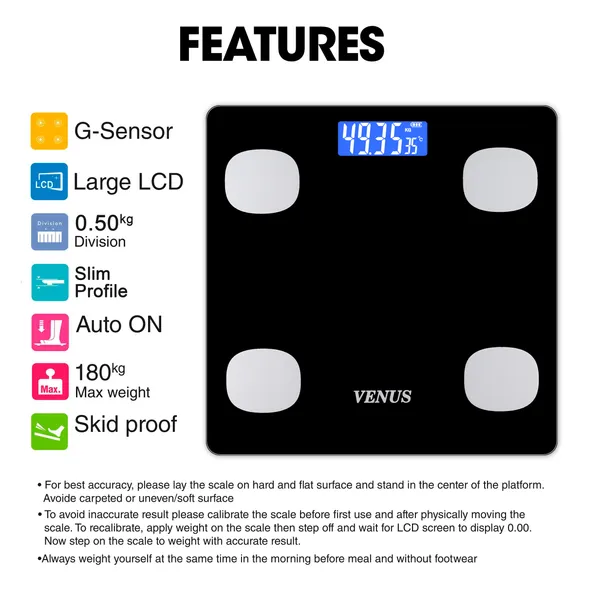Venus_(India)_BMI_Weight_Scale_&_Body_Fat_Analyzer_with_IOS/Android_App_Sync,25+_Essential_Composition_Metrics_Weighing_Machine_for_Home_Health_Monitoring_(Black)