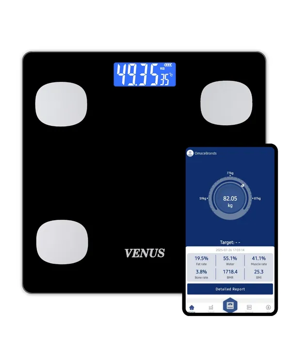 Venus_(India)_BMI_Weight_Scale_&_Body_Fat_Analyzer_with_IOS/Android_App_Sync,25+_Essential_Composition_Metrics_Weighing_Machine_for_Home_Health_Monitoring_(Black)