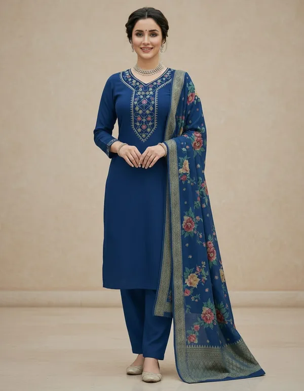 Blue_Rayon_And_Chanderi_Silk_Kurti_Pant_Dupatta_Set_For_Women