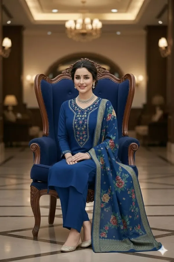 Blue_Rayon_And_Chanderi_Silk_Kurti_Pant_Dupatta_Set_For_Women