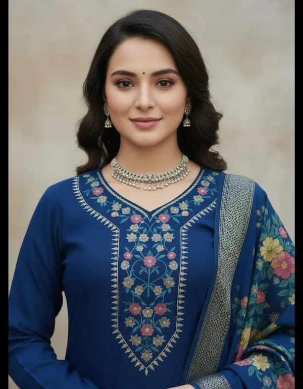 Blue_Rayon_And_Chanderi_Silk_Kurti_Pant_Dupatta_Set_For_Women