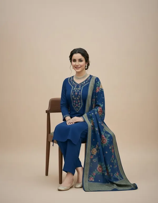Blue_Rayon_And_Chanderi_Silk_Kurti_Pant_Dupatta_Set_For_Women