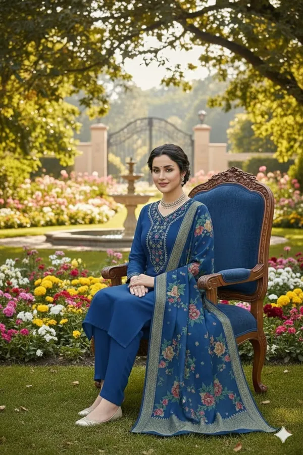 Blue_Rayon_And_Chanderi_Silk_Kurti_Pant_Dupatta_Set_For_Women