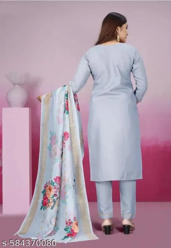 Grey_Rayon_And_Chanderi_Silk_Kurti_Set_For_Women