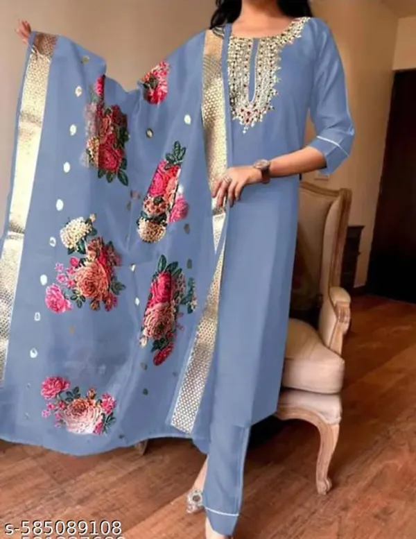 Sky_Blue_Rayon_And_Chanderi_Silk_Kurti_For_Women