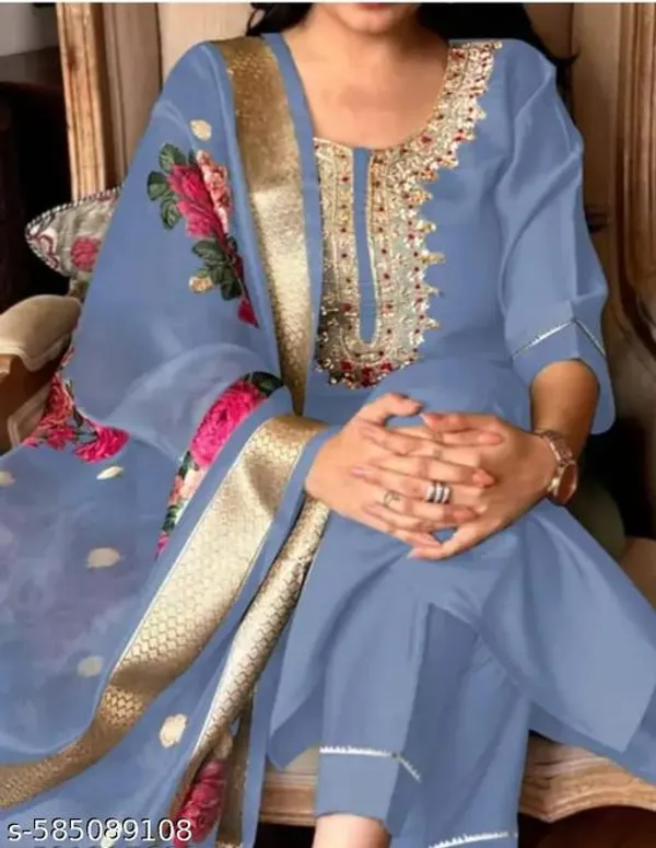 Sky_Blue_Rayon_And_Chanderi_Silk_Kurti_For_Women