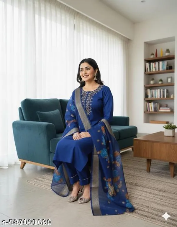 Blue_Rayon_And_Chanderi_Silk_Kurti_Set_For_Women