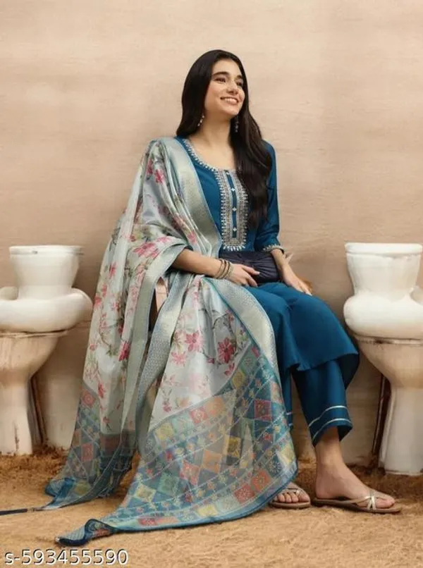 Teal_Rayon_And_Chanderi_Silk_Kurti_For_Women