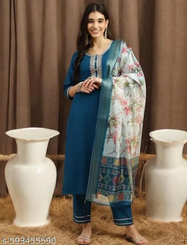 Teal_Rayon_And_Chanderi_Silk_Kurti_For_Women