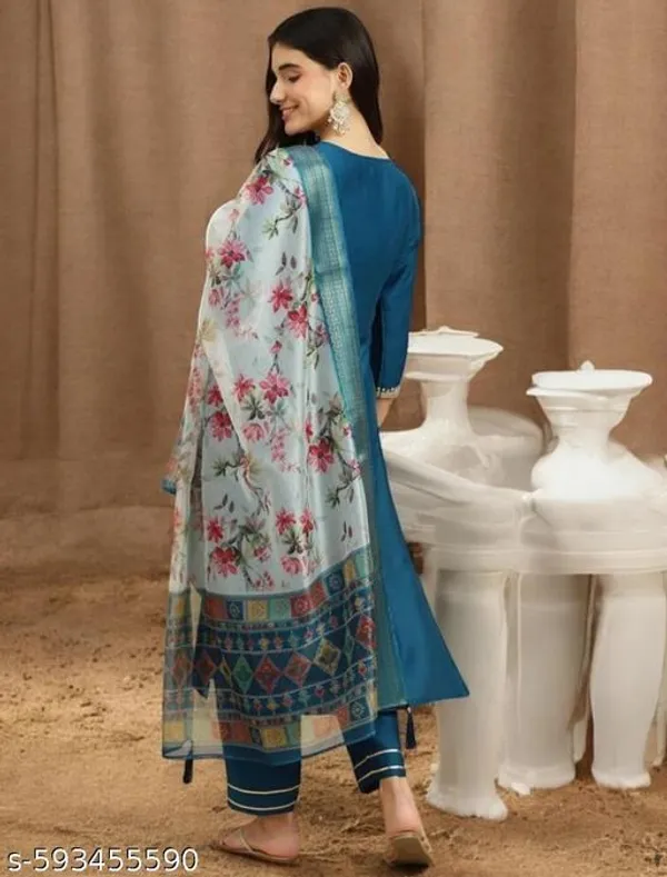 Teal_Rayon_And_Chanderi_Silk_Kurti_For_Women