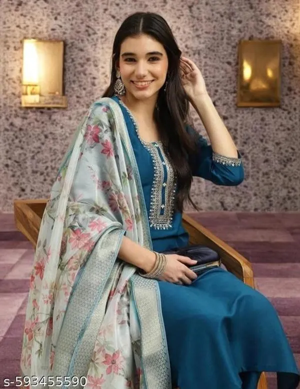 Teal_Rayon_And_Chanderi_Silk_Kurti_For_Women