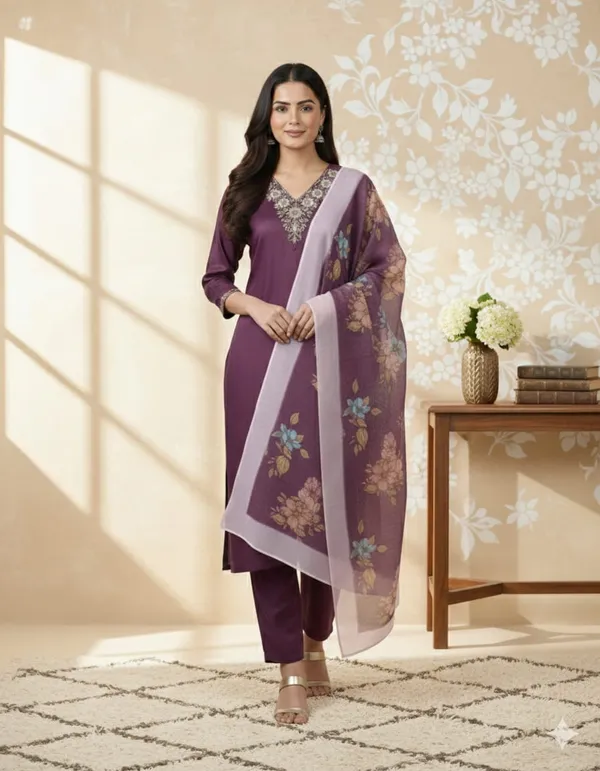 Purple_Rayon_And_Chanderi_Silk_Kurti_Pant_Dupatta_For_Women