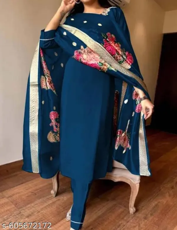 Blue_Rayon_And_Chanderi_Silk_Kurti_Pant_Dupatta_For_Women