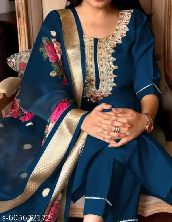 Blue_Rayon_And_Chanderi_Silk_Kurti_Pant_Dupatta_For_Women