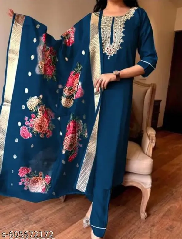 Blue_Rayon_And_Chanderi_Silk_Kurti_Pant_Dupatta_For_Women